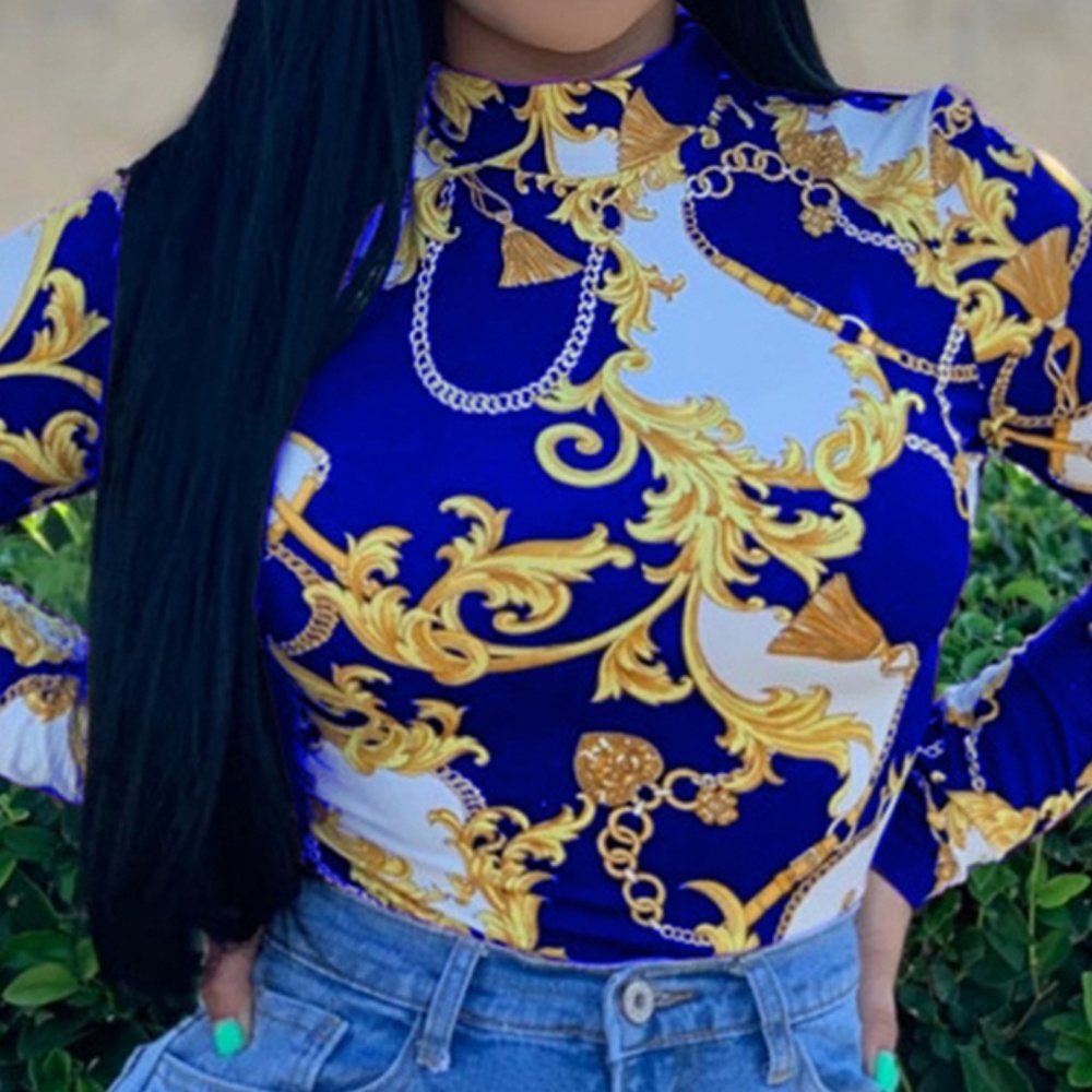 Long Sleve Blue and Gold Print Shirt